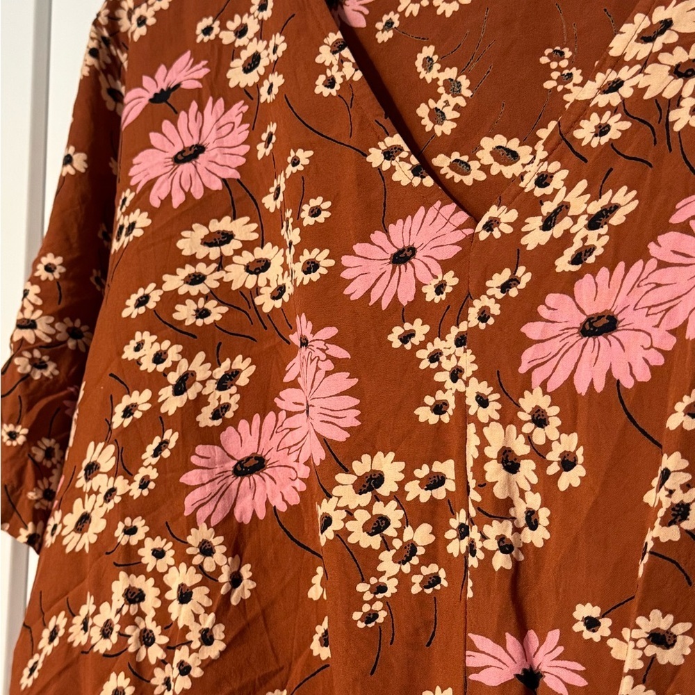 Madewell Daisy Print Tie-Front V-Neck Blouse Brown Pink Floral Medium - Picture 8 of 9